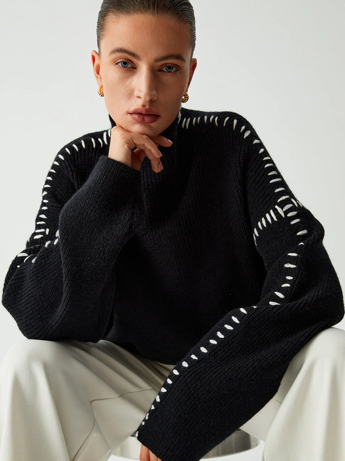 Isla Oversized Mock Neck Sweater | Ribbed Knit Contrast Stitching Sweater - Image 6