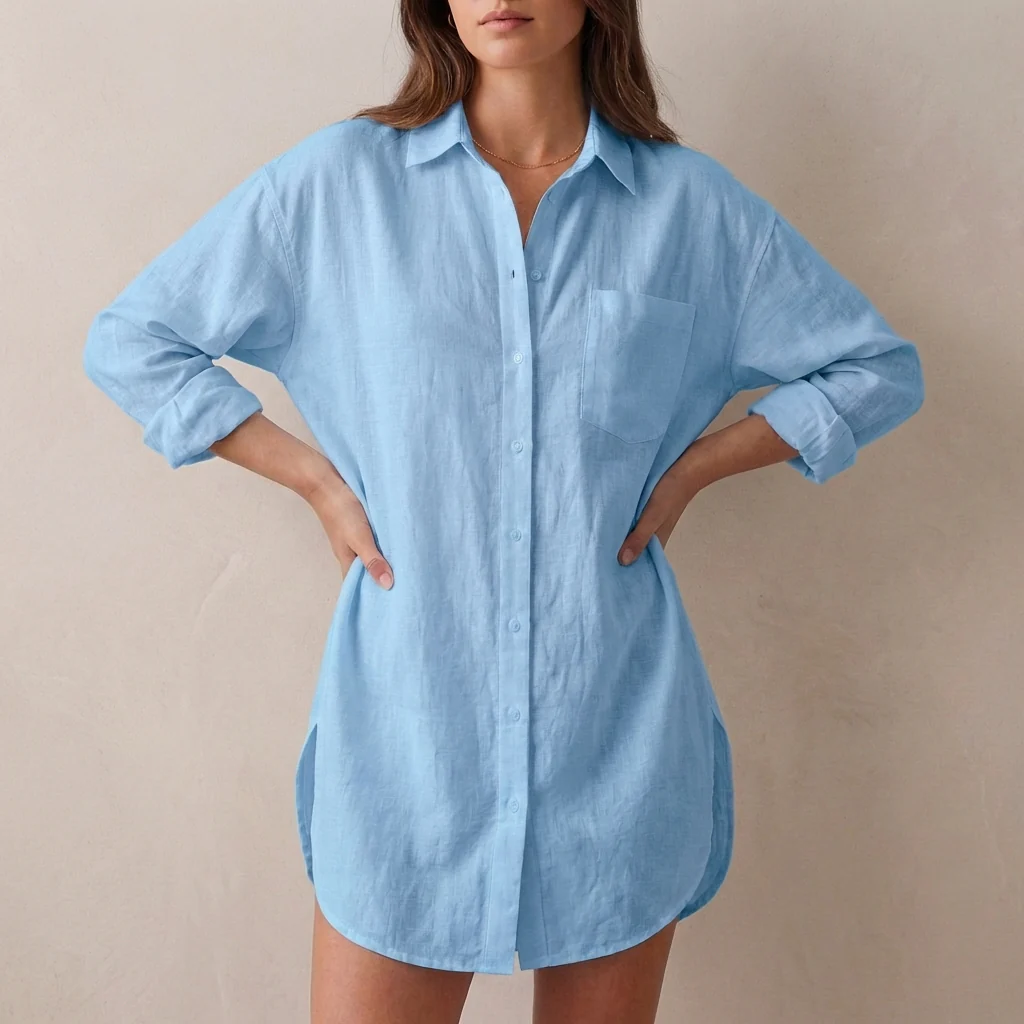 Isla Oversized Tunic Shirt | Collared V-Neck Button Front Shirt - Image 6