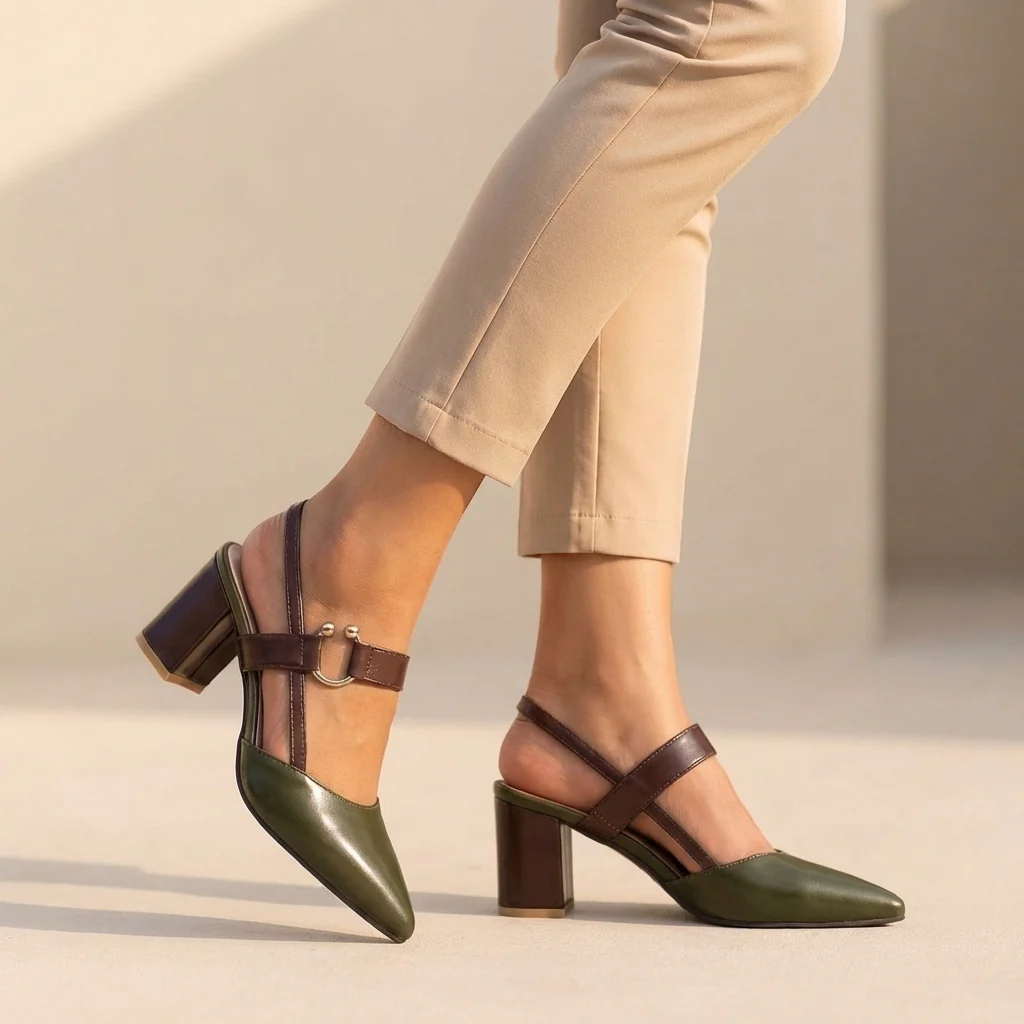 Isla Pointed Toe Slingback Block Heel Pumps | Colourblock Ring Buckle Pumps - Image 4