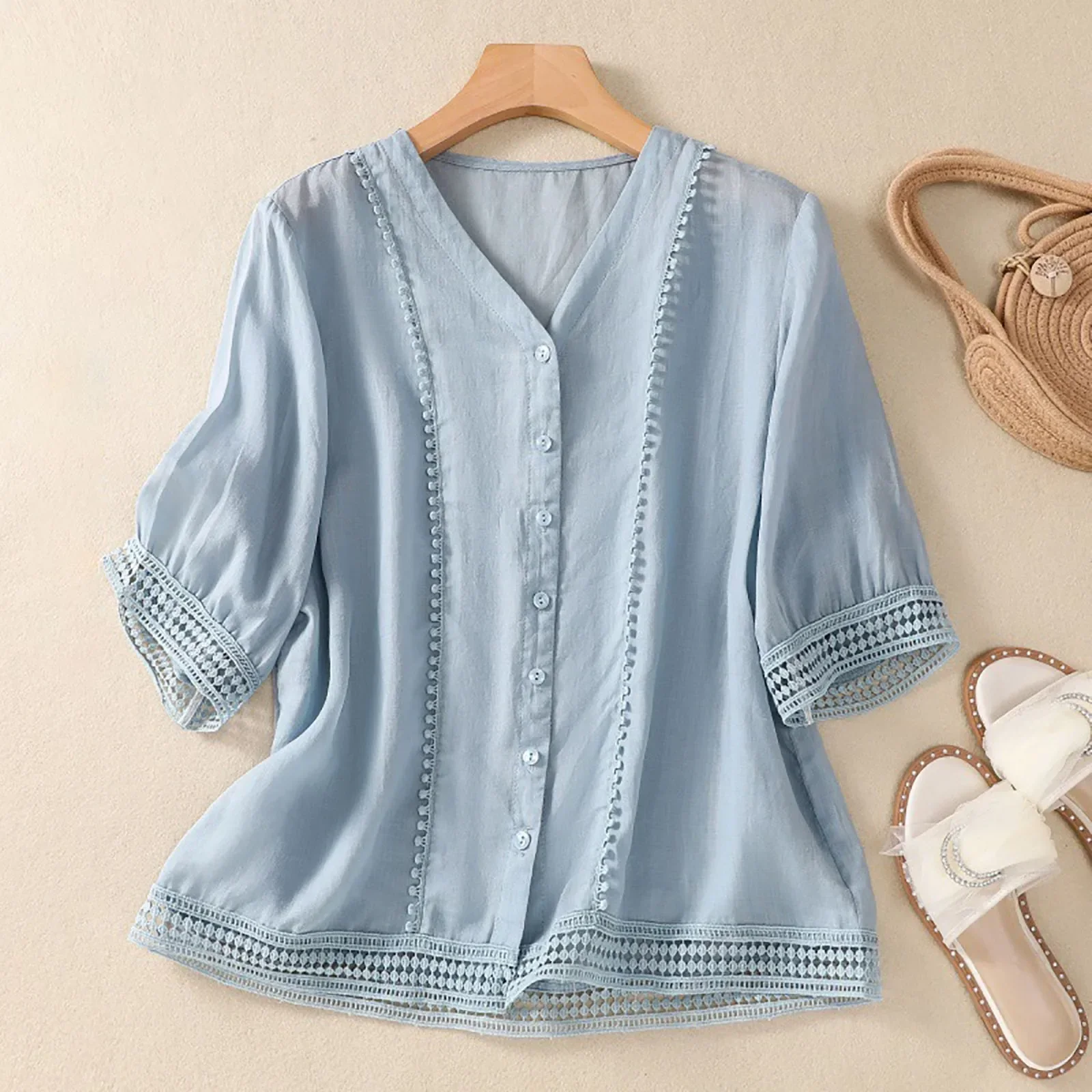 Isla Relaxed Fit Blouse | Button Front Lace Trim Blouse