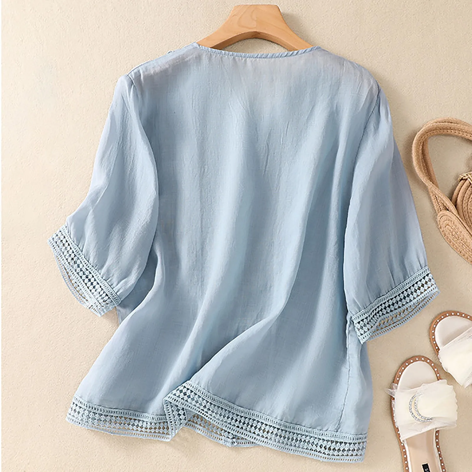 Isla Relaxed Fit Blouse | Button Front Lace Trim Blouse - Image 2