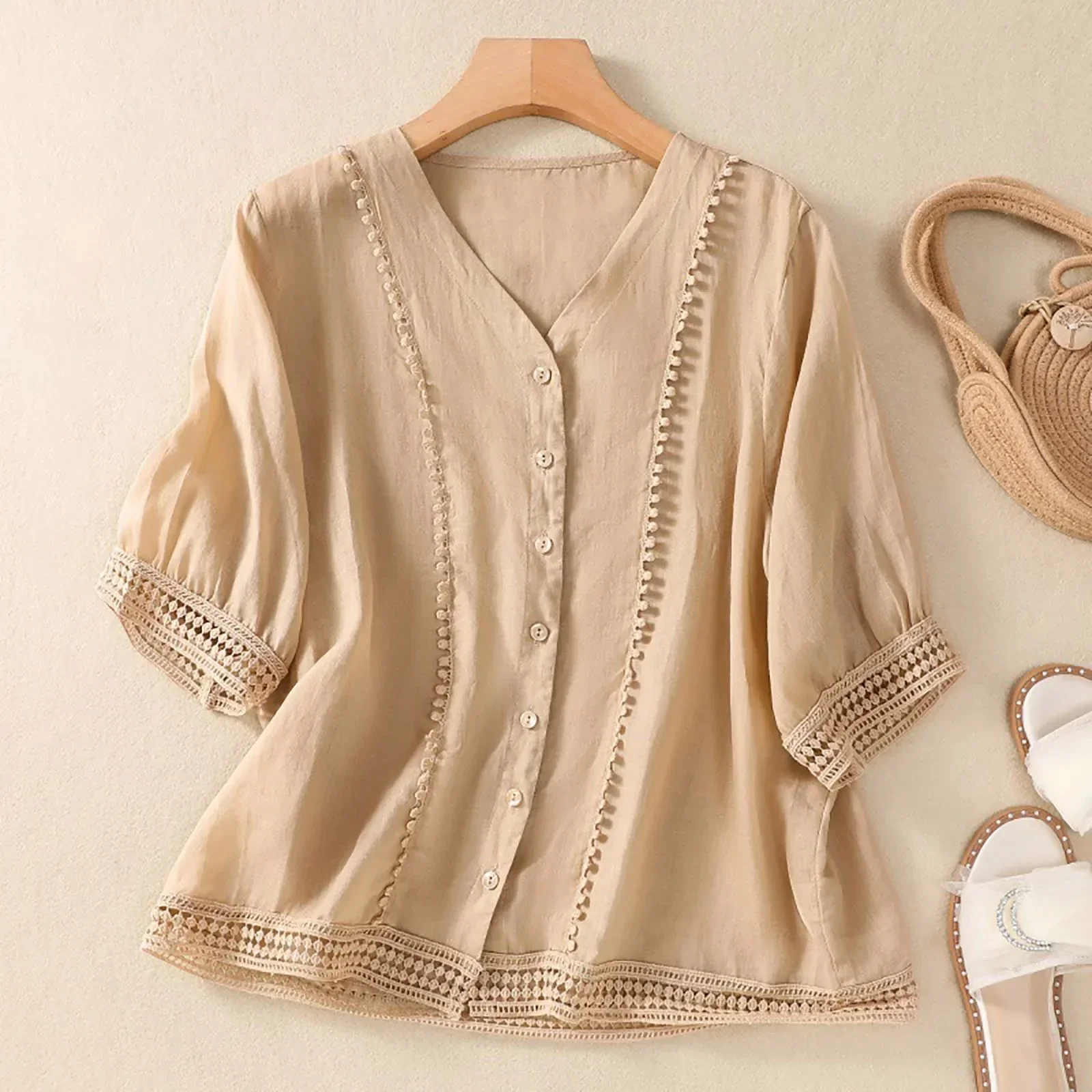Isla Relaxed Fit Blouse | Button Front Lace Trim Blouse - Image 4