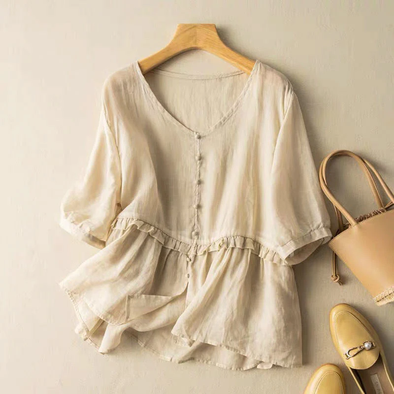 Isla Relaxed Fit Blouse | Button Front Ruffled Blouse