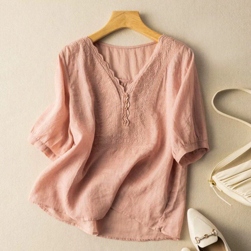 Isla Relaxed Fit Blouse | Embroidered Button Front Blouse - Image 3