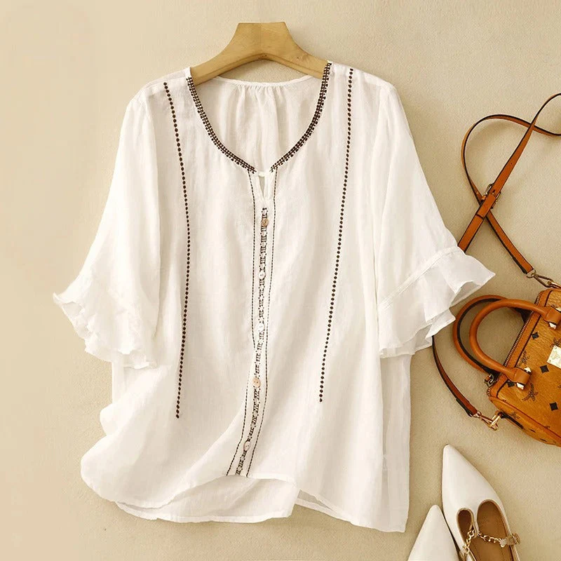 Isla Relaxed Fit Blouse | Embroidered Ruffle Sleeve Blouse