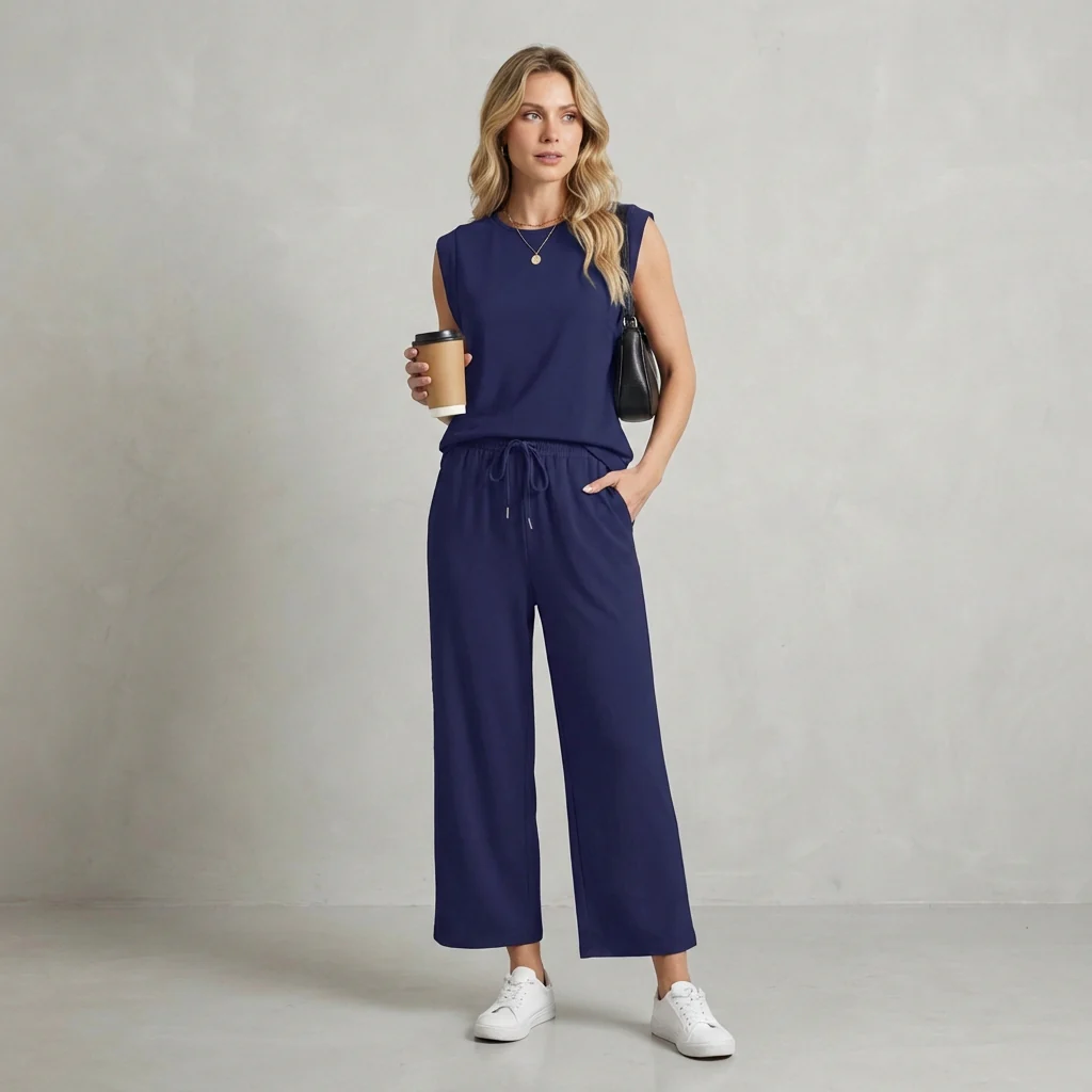 Isla Relaxed Fit Shoulder Pad Top And Pants Two-Piece Set | Solid Casual Wear - Image 4
