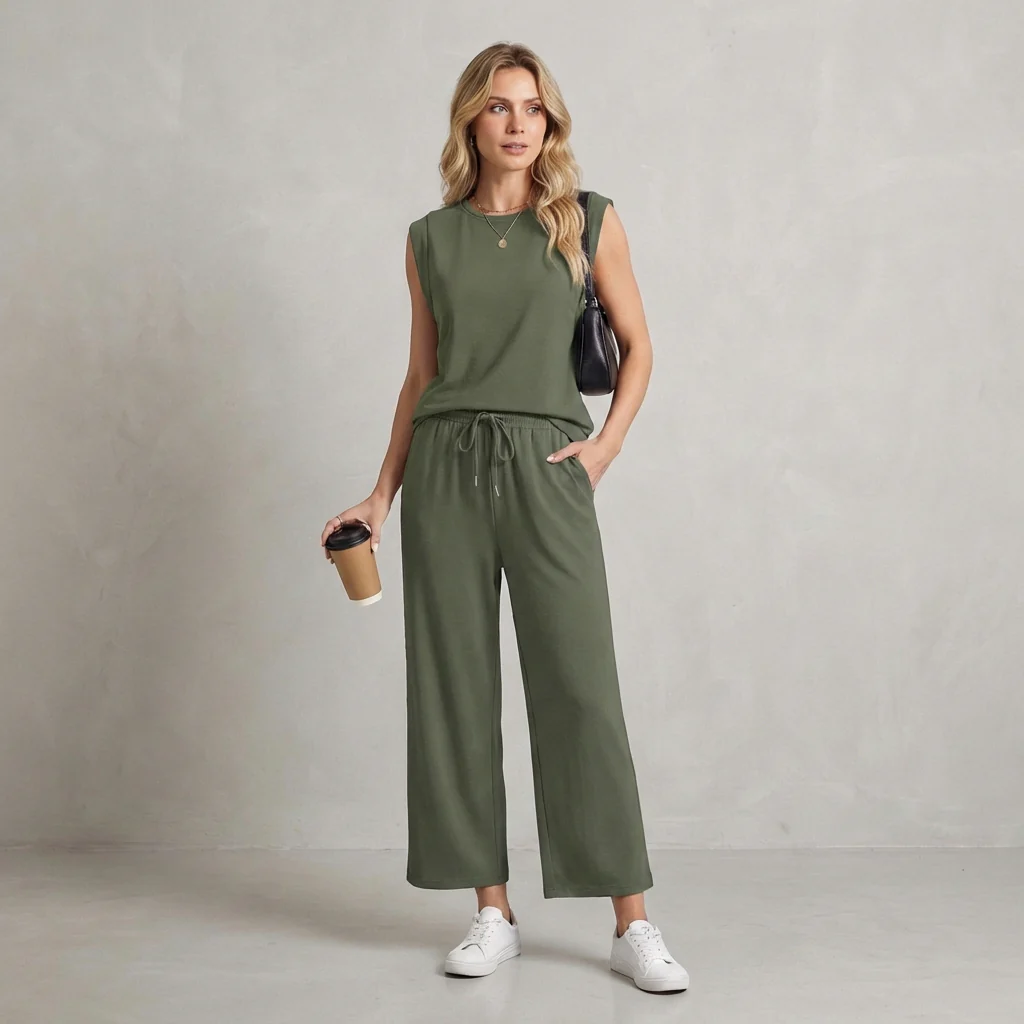 Isla Relaxed Fit Shoulder Pad Top And Pants Two-Piece Set | Solid Casual Wear - Image 5