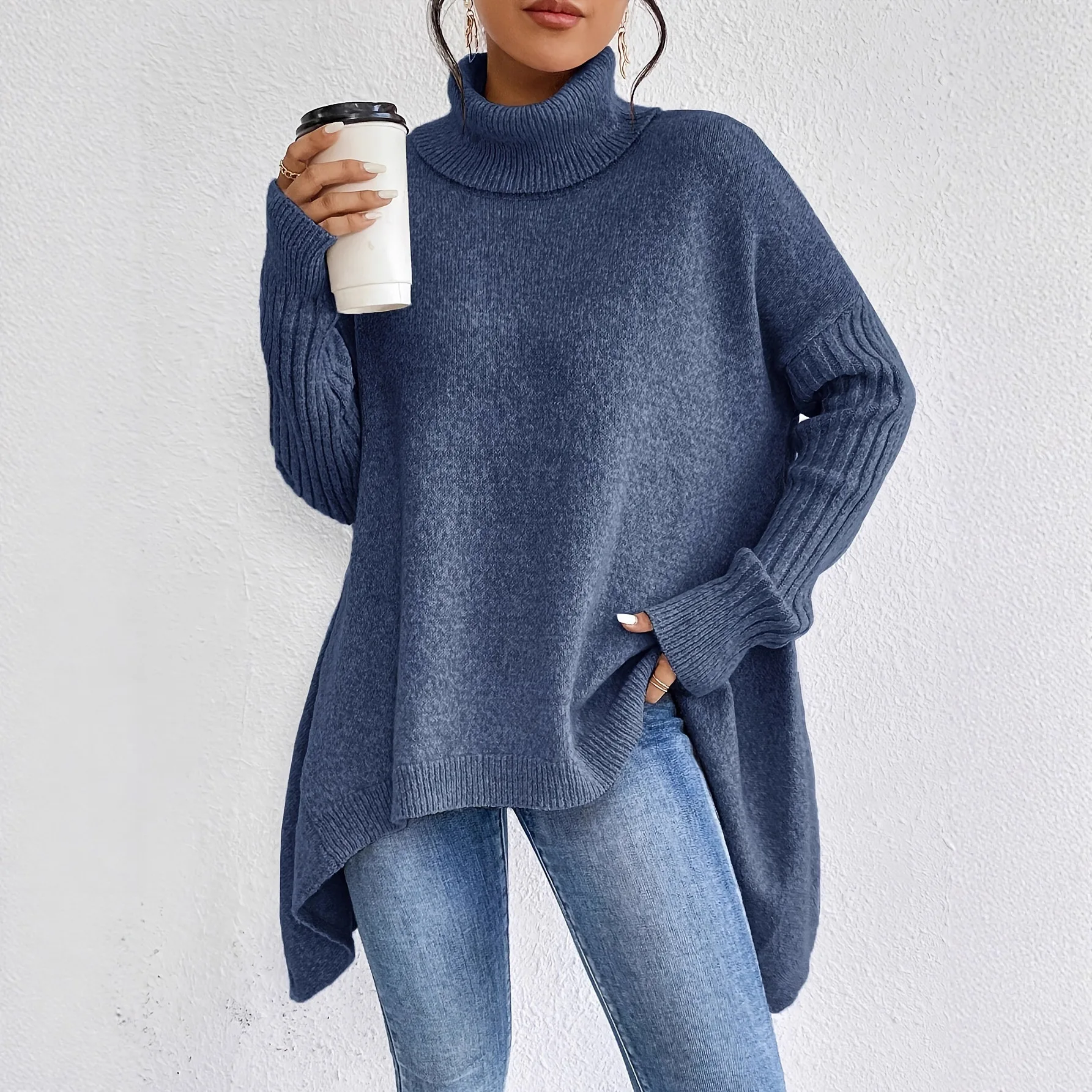 Isla Relaxed Fit Turtleneck Sweater | Ribbed Cuffs High-Low Hem Sweater - Image 3