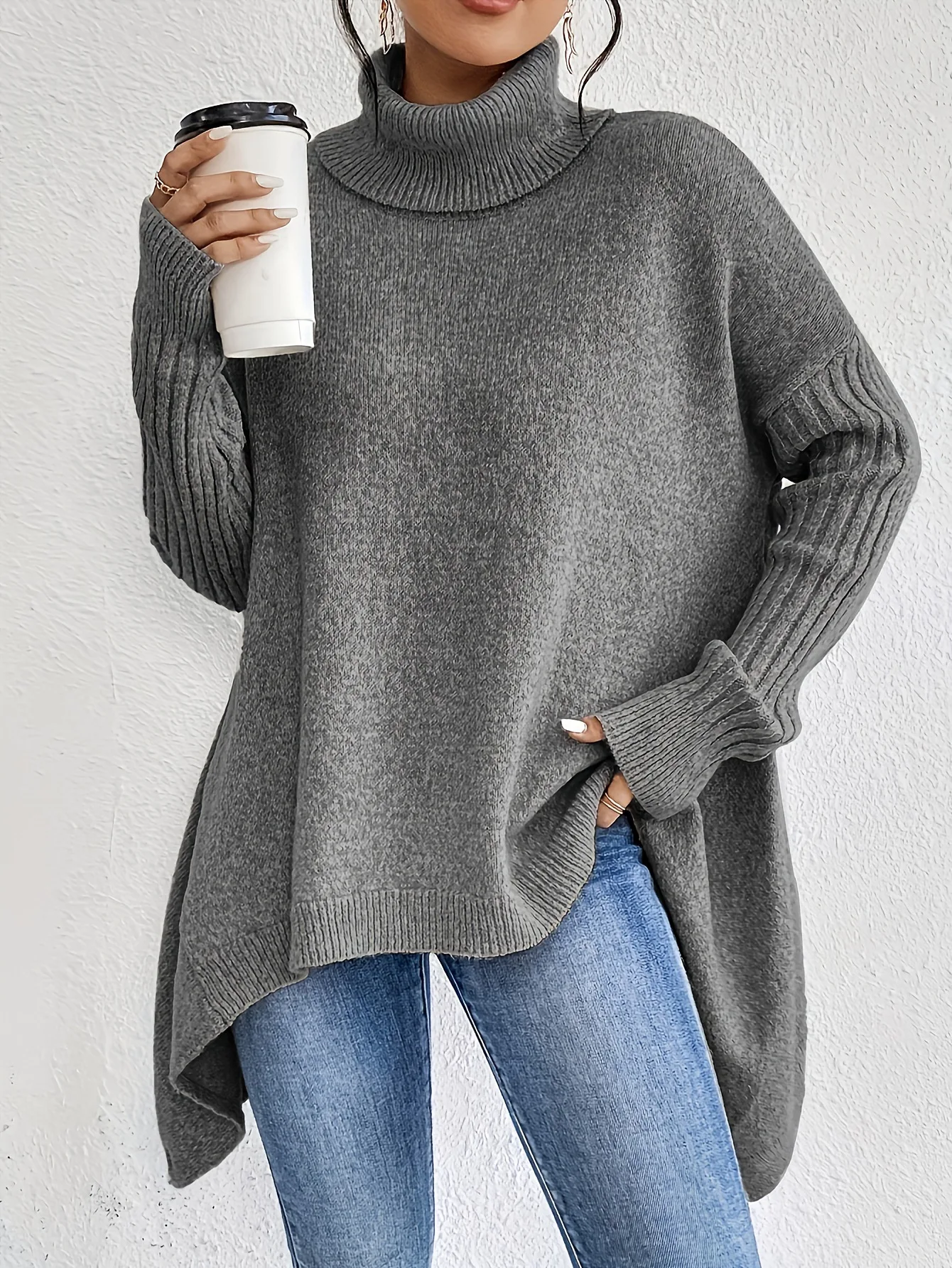 Isla Relaxed Fit Turtleneck Sweater | Ribbed Cuffs High-Low Hem Sweater - Image 5