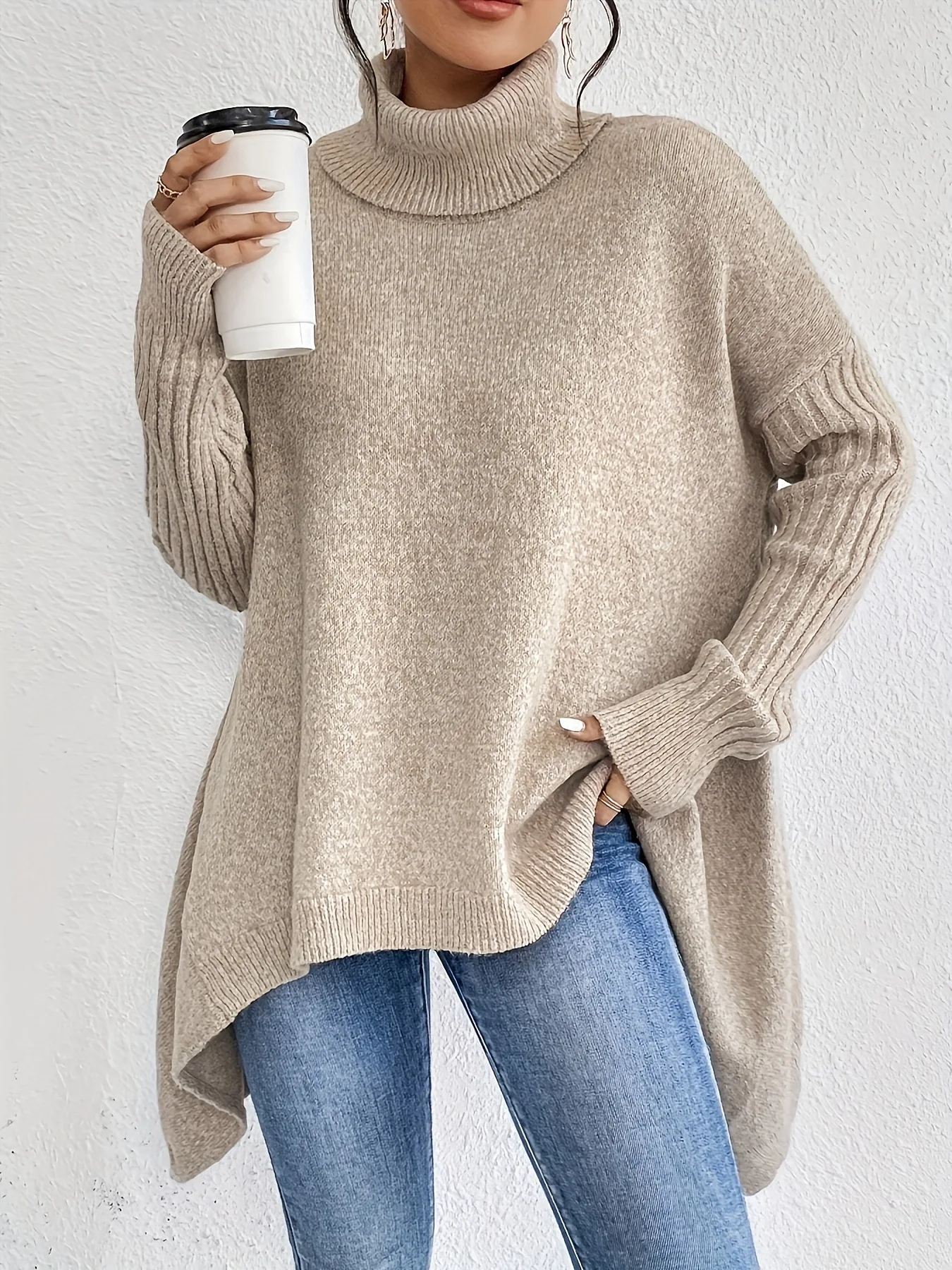 Isla Relaxed Fit Turtleneck Sweater | Ribbed Cuffs High-Low Hem Sweater - Image 6