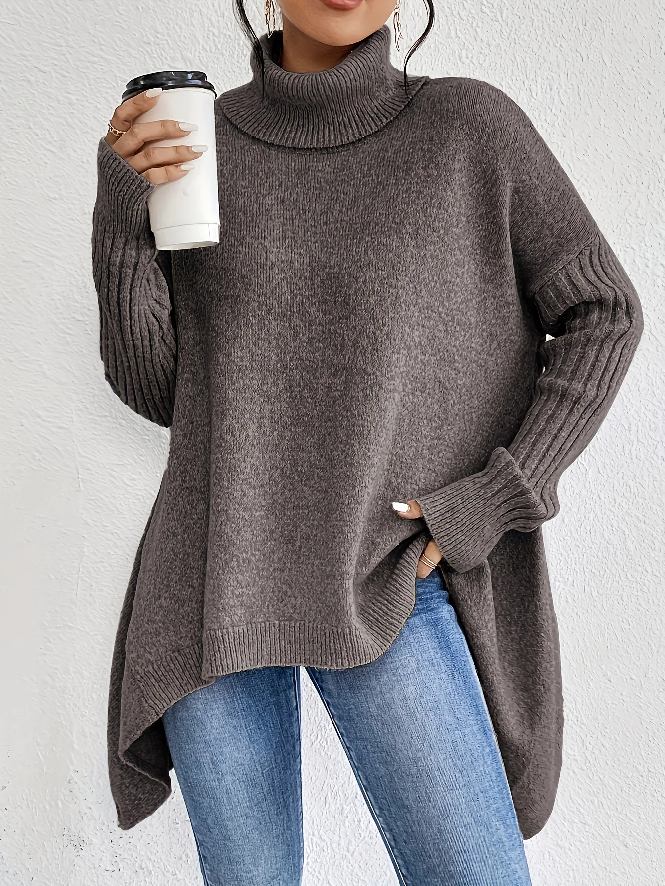 Isla Relaxed Fit Turtleneck Sweater | Ribbed Cuffs High-Low Hem Sweater - Image 7