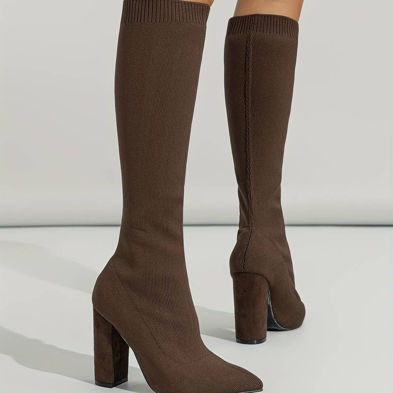 Isla Ribbed Knit Block Heel Sock Boots | Solid Knee-High Sock Boots - Image 11