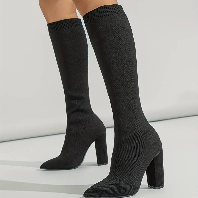 Isla Ribbed Knit Block Heel Sock Boots | Solid Knee-High Sock Boots - Image 3