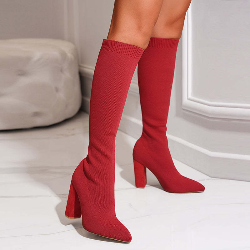 Isla Ribbed Knit Block Heel Sock Boots | Solid Knee-High Sock Boots - Image 5