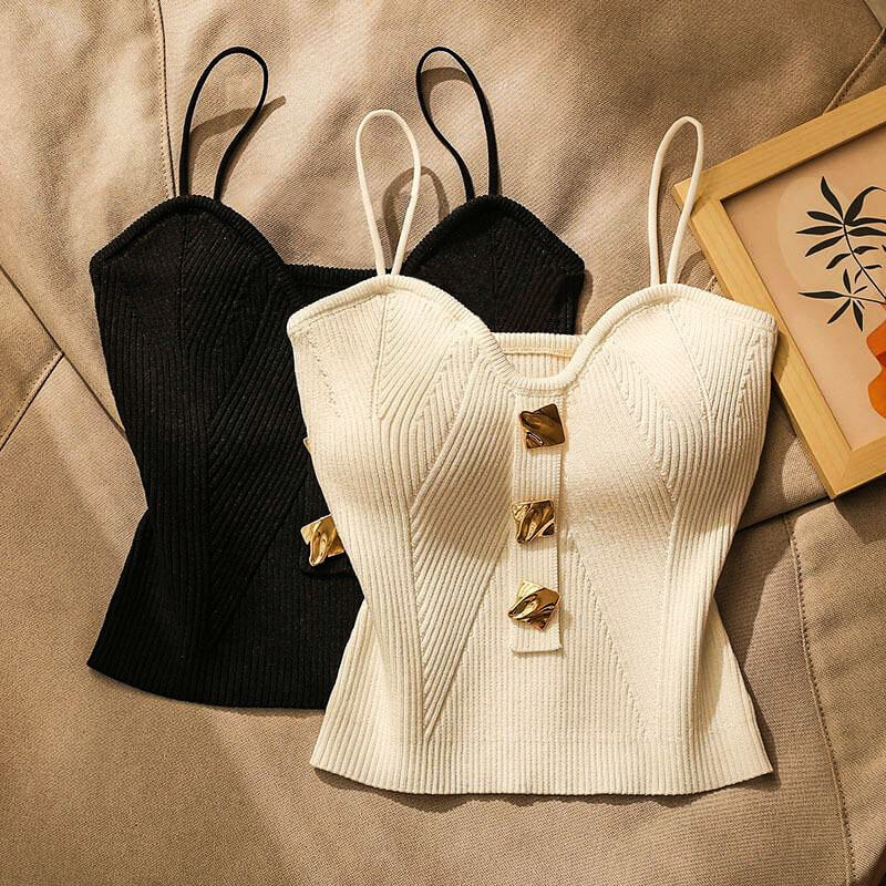 Isla Slim Fit Ribbed Cami Top | Button Front Spaghetti Straps Cami Top - Image 3