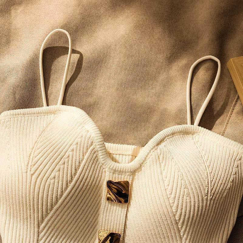 Isla Slim Fit Ribbed Cami Top | Button Front Spaghetti Straps Cami Top - Image 5