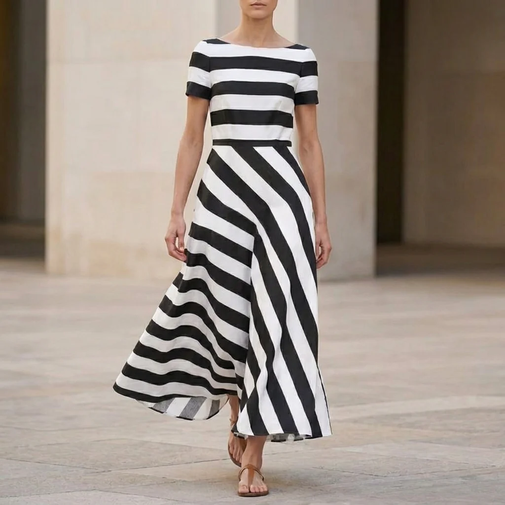 Isla Striped A-Line Maxi Dress | Boat Neck Short Sleeve Dress