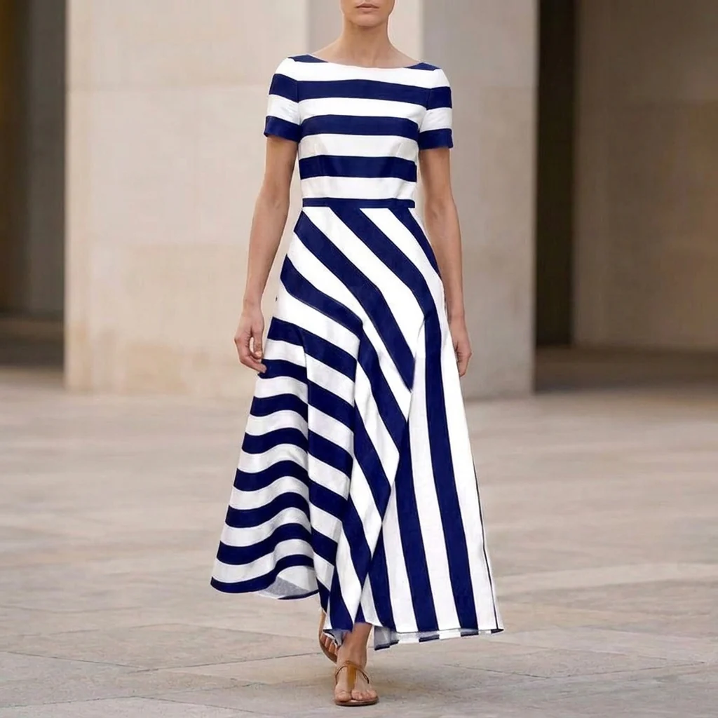 Isla Striped A-Line Maxi Dress | Boat Neck Short Sleeve Dress - Image 3