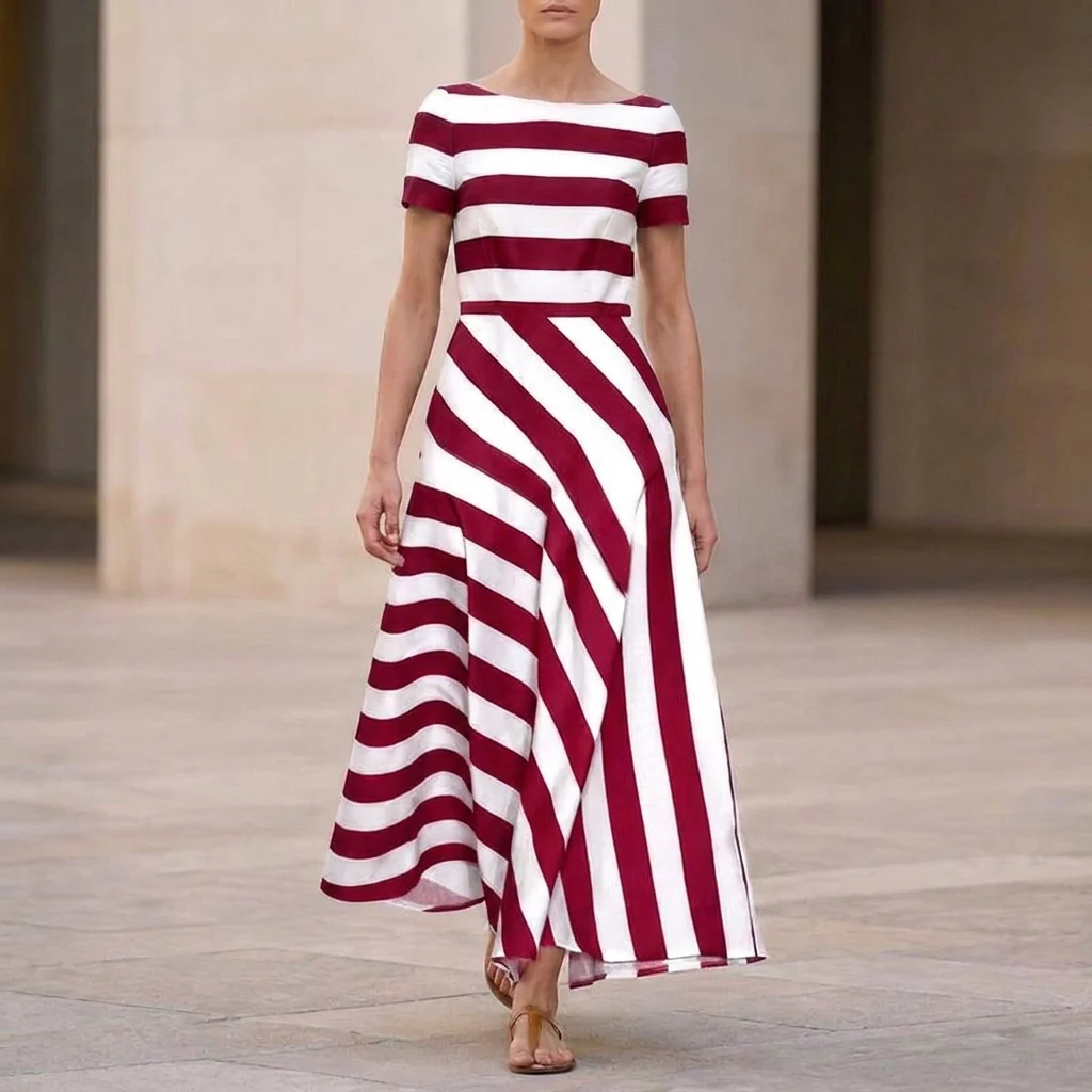 Isla Striped A-Line Maxi Dress | Boat Neck Short Sleeve Dress - Image 4