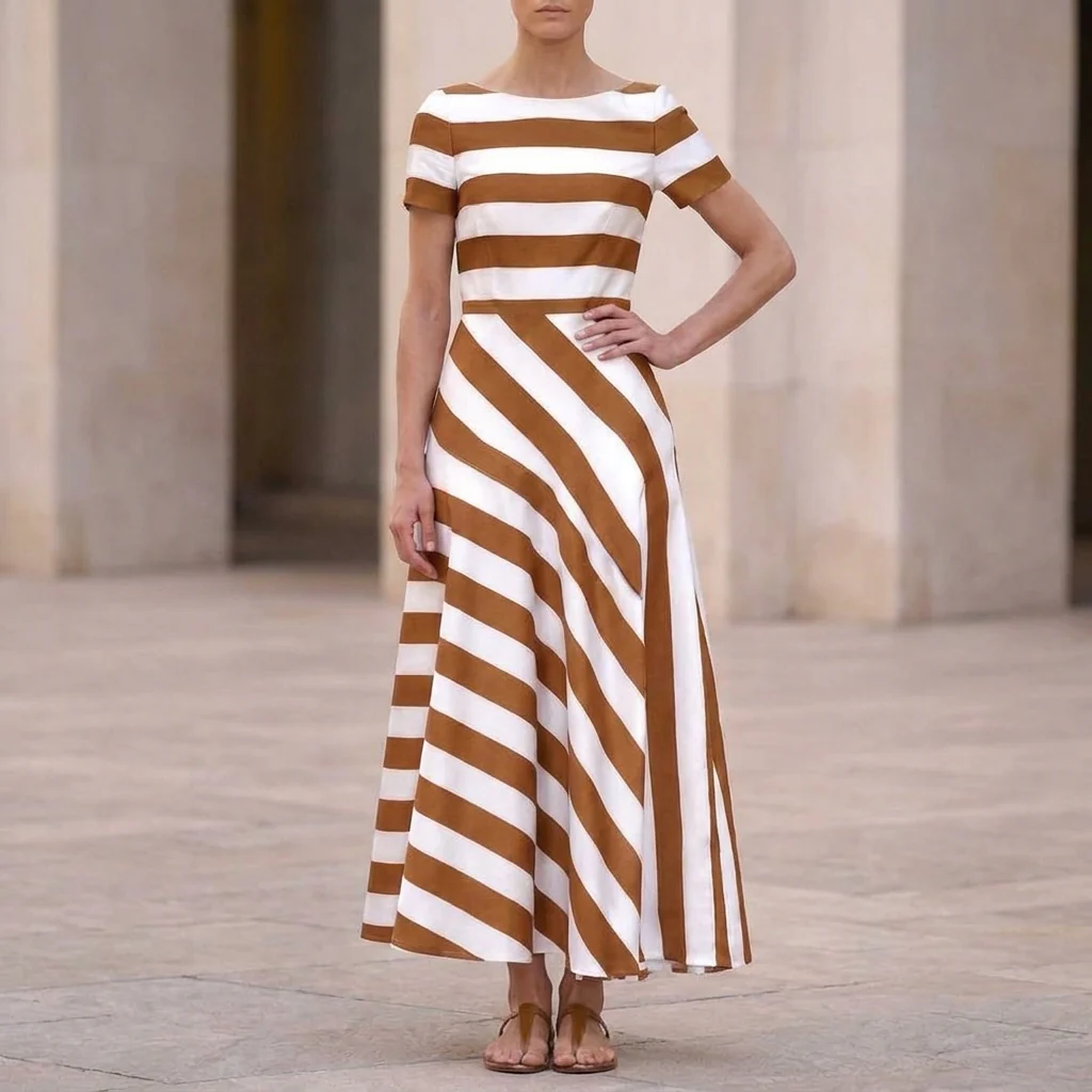 Isla Striped A-Line Maxi Dress | Boat Neck Short Sleeve Dress - Image 5