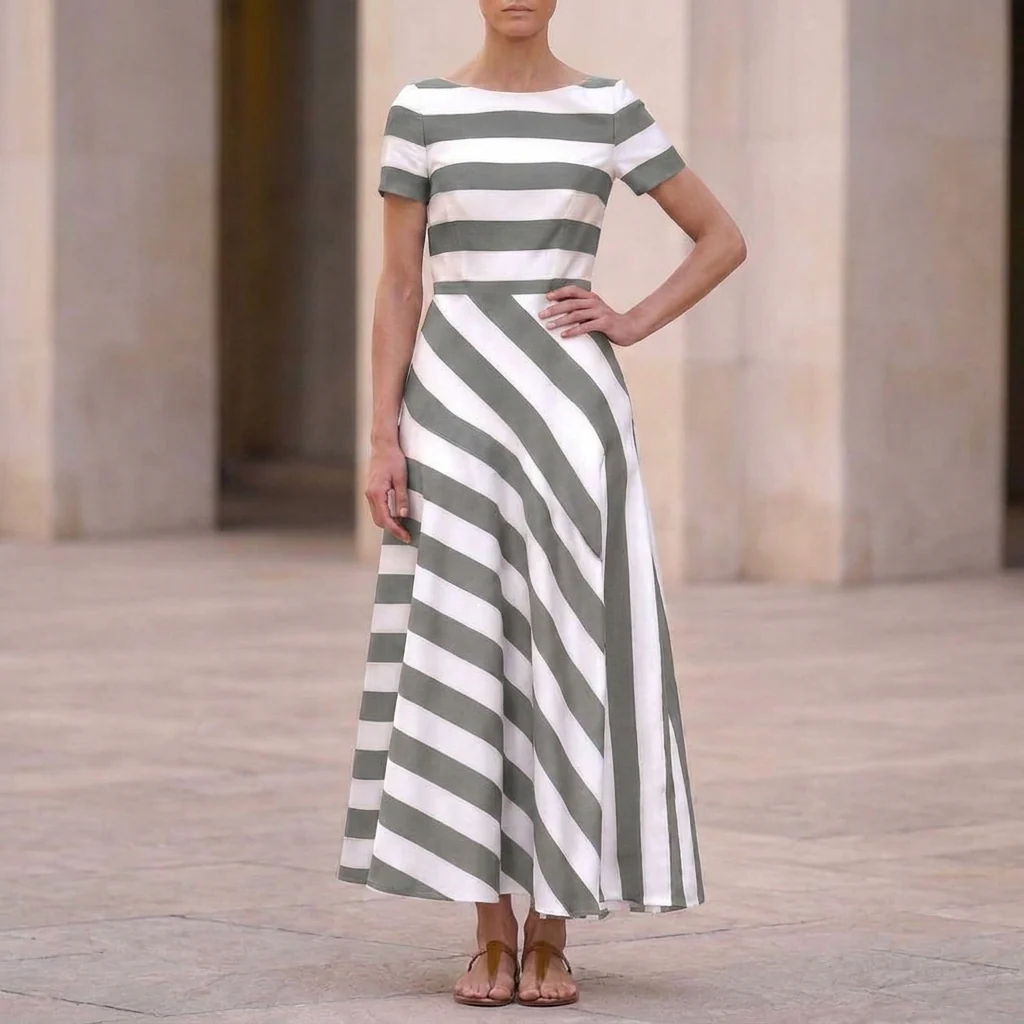 Isla Striped A-Line Maxi Dress | Boat Neck Short Sleeve Dress - Image 6