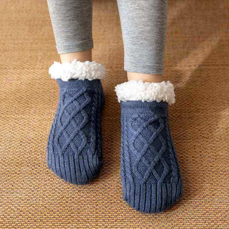 Isla Fitted Slipper Socks | Cable Knit Fur Trim Ankle-Length Slipper Socks - Image 2