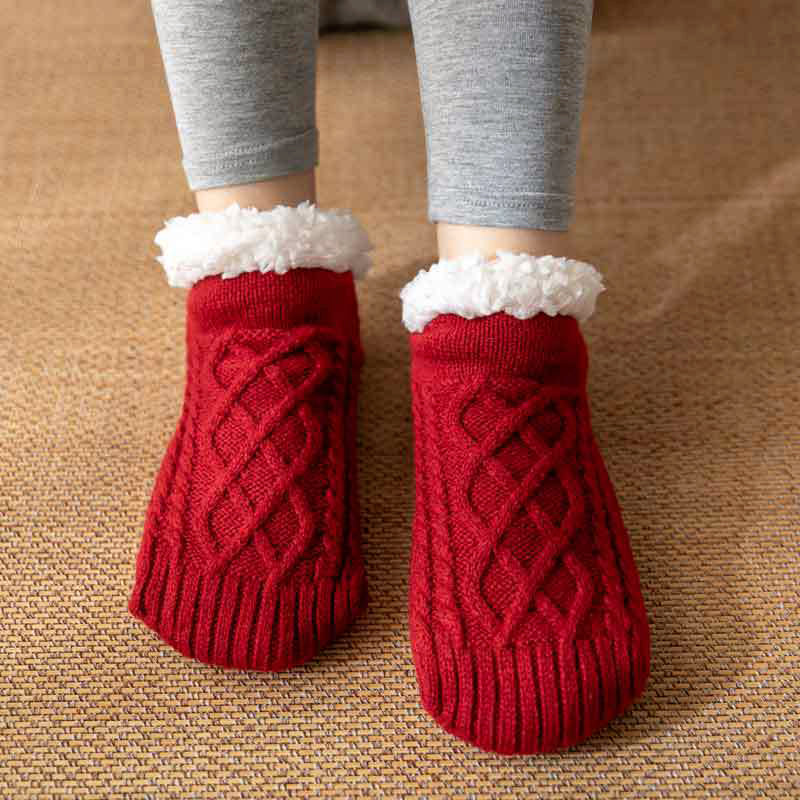Isla Fitted Slipper Socks | Cable Knit Fur Trim Ankle-Length Slipper Socks - Image 5