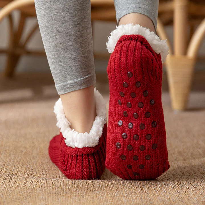Isla Fitted Slipper Socks | Cable Knit Fur Trim Ankle-Length Slipper Socks - Image 6