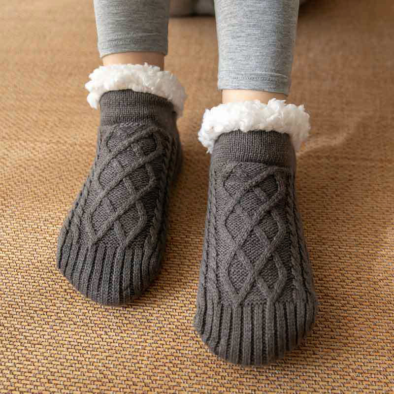 Isla Fitted Slipper Socks | Cable Knit Fur Trim Ankle-Length Slipper Socks - Image 7