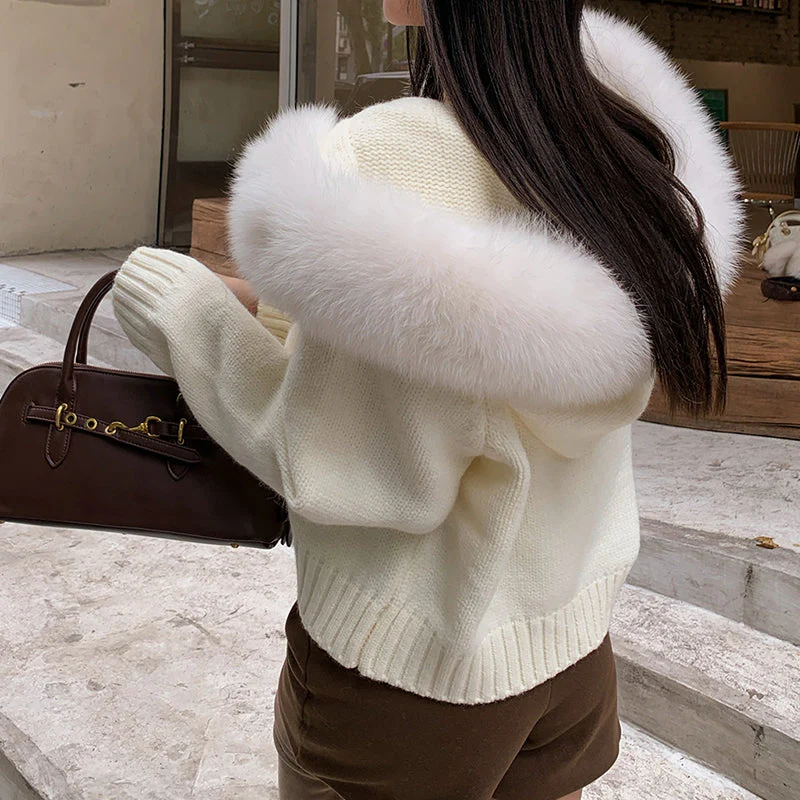 Isla Hooded Cardigan | Fur Trim Ribbed Zip Front Cardigan - Image 3