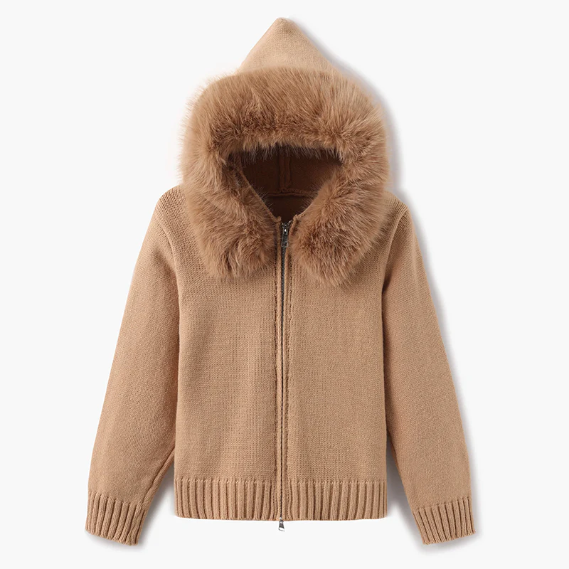 Isla Hooded Cardigan | Fur Trim Ribbed Zip Front Cardigan - Image 4