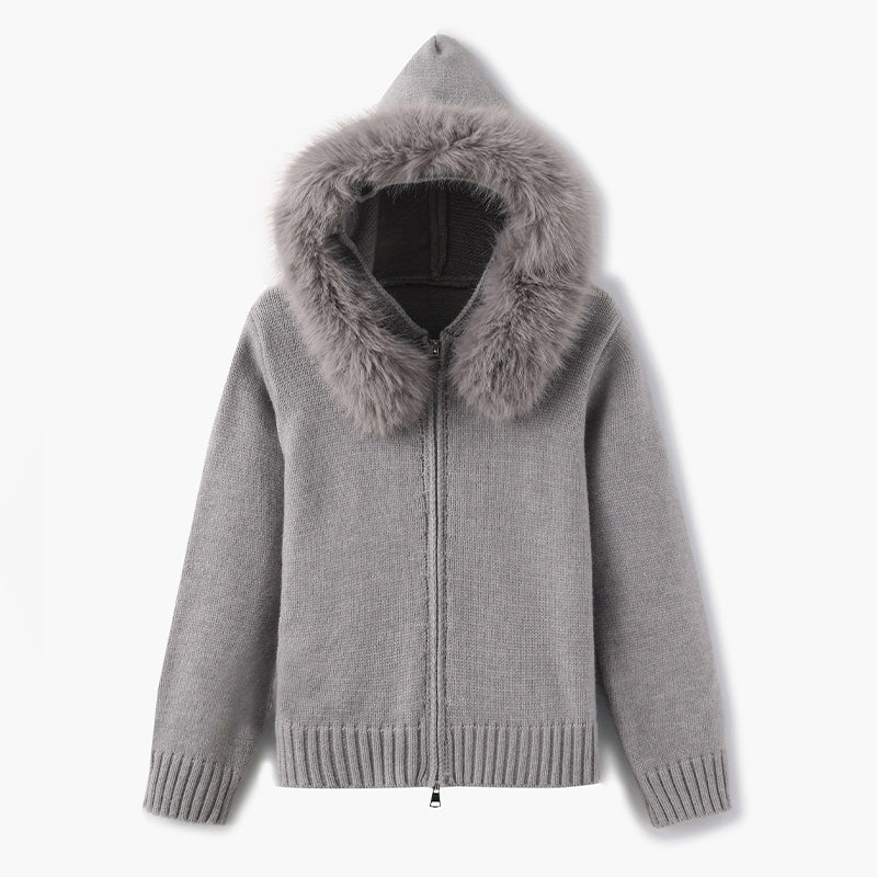 Isla Hooded Cardigan | Fur Trim Ribbed Zip Front Cardigan - Image 5