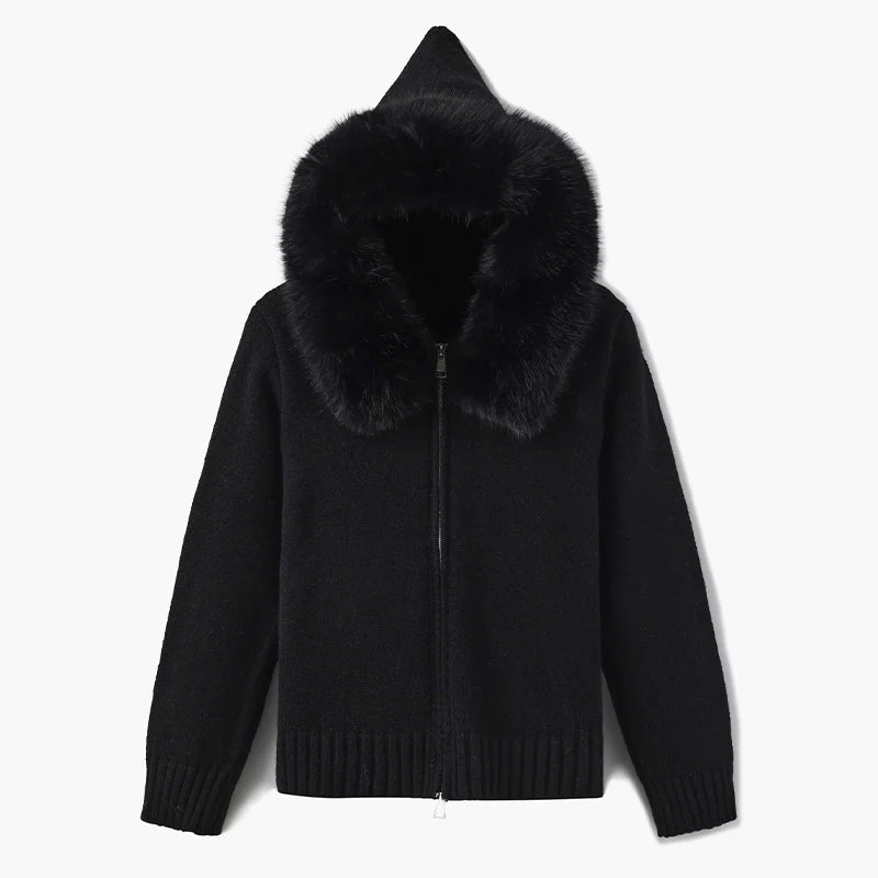 Isla Hooded Cardigan | Fur Trim Ribbed Zip Front Cardigan - Image 6