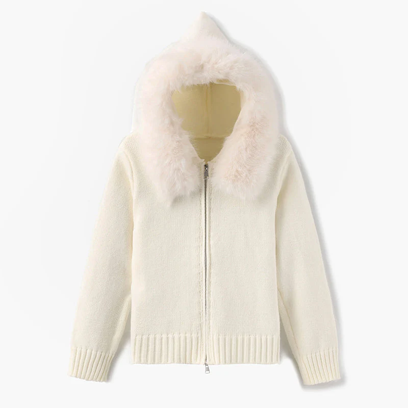 Isla Hooded Cardigan | Fur Trim Ribbed Zip Front Cardigan - Image 7
