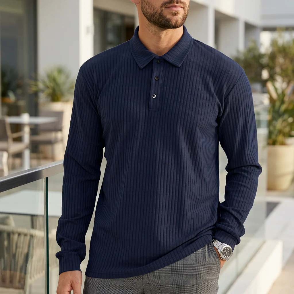 Joshua Ribbed Collared Long Sleeve Polo Shirt | Solid Regular Fit Polo Shirt - Image 2