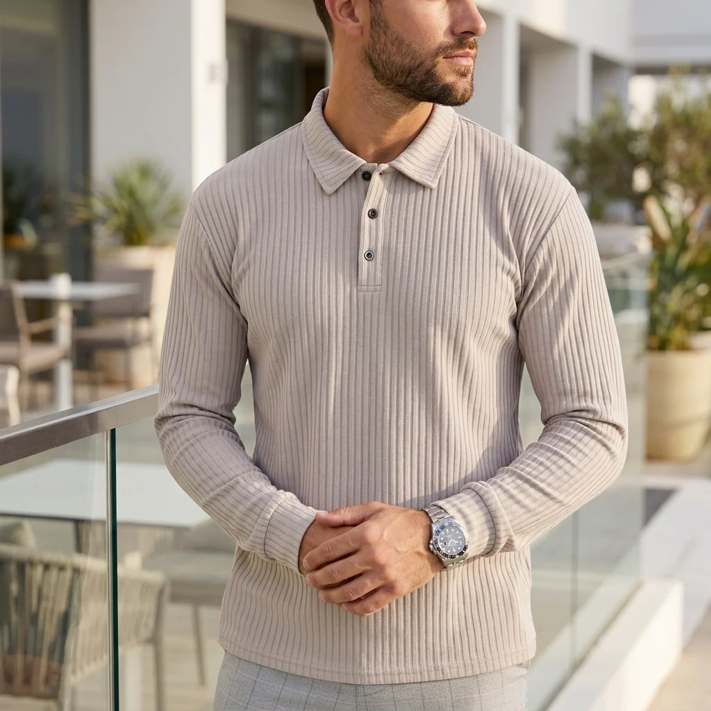 Joshua Ribbed Collared Long Sleeve Polo Shirt | Solid Regular Fit Polo Shirt - Image 3