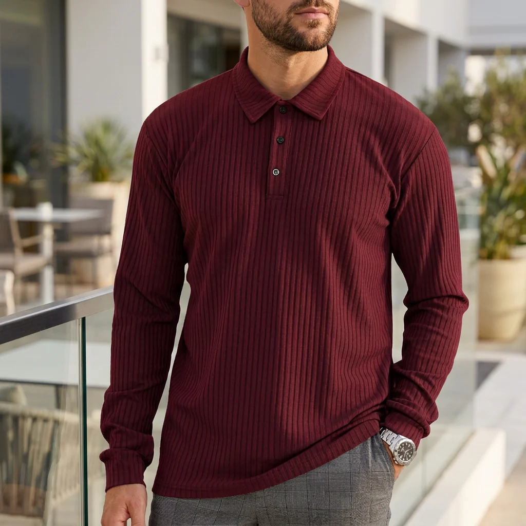 Joshua Ribbed Collared Long Sleeve Polo Shirt | Solid Regular Fit Polo Shirt - Image 4