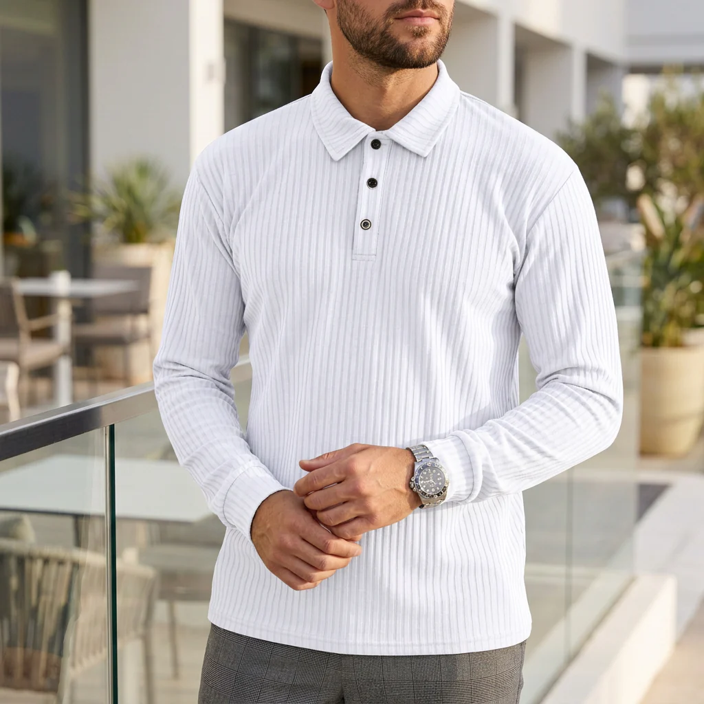 Joshua Ribbed Collared Long Sleeve Polo Shirt | Solid Regular Fit Polo Shirt - Image 5