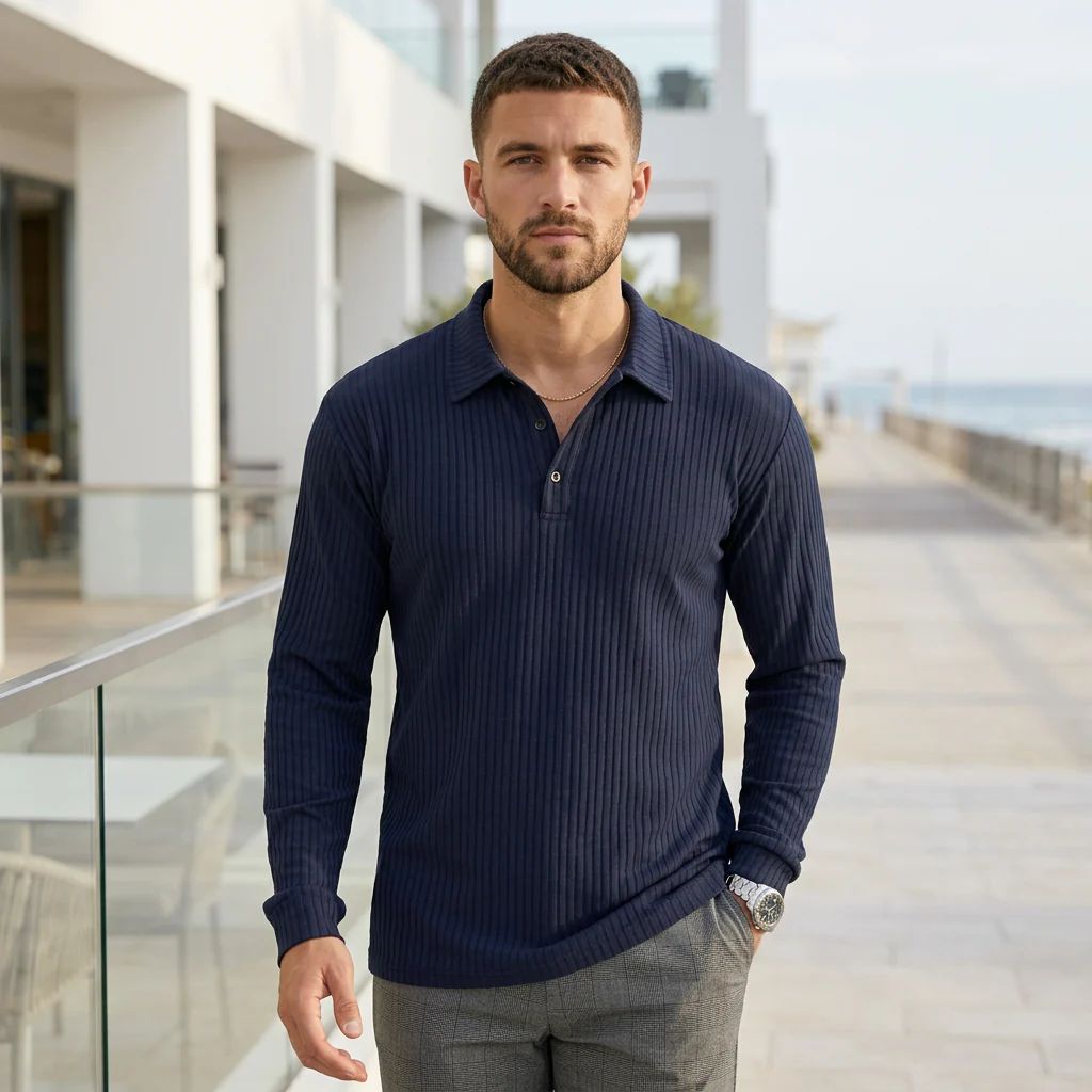 Joshua Ribbed Collared Long Sleeve Polo Shirt | Solid Regular Fit Polo Shirt - Image 6