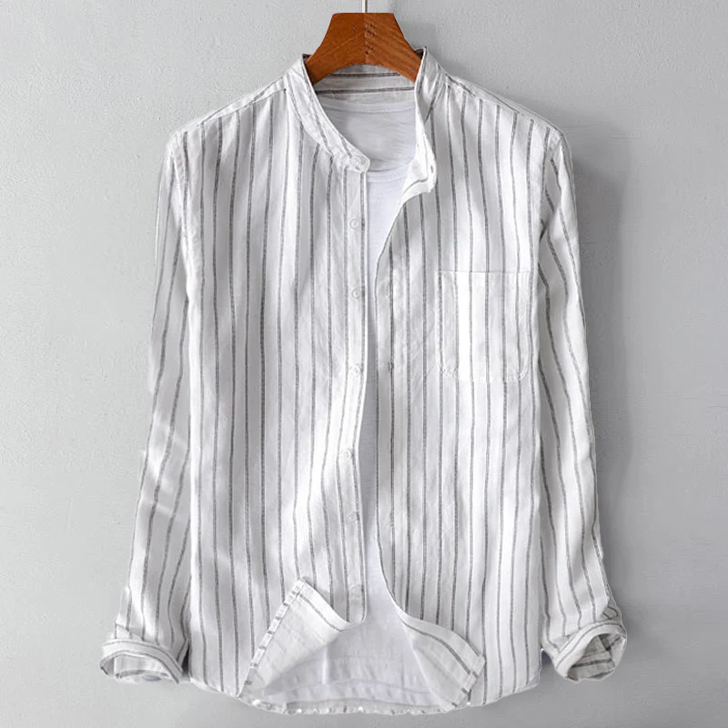 Leo Relaxed Fit Band Collar Shirt | Striped Hip-Length Shirt