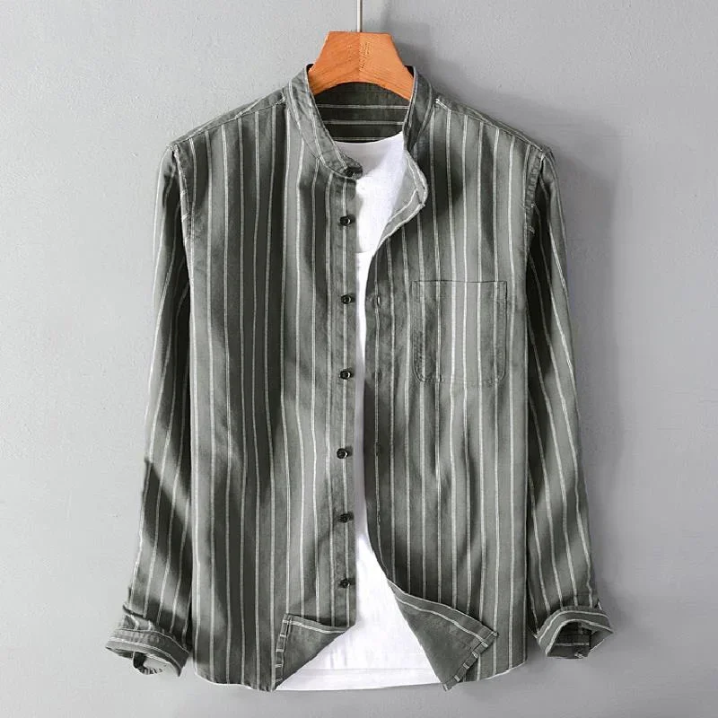 Leo Relaxed Fit Band Collar Shirt | Striped Hip-Length Shirt - Image 2