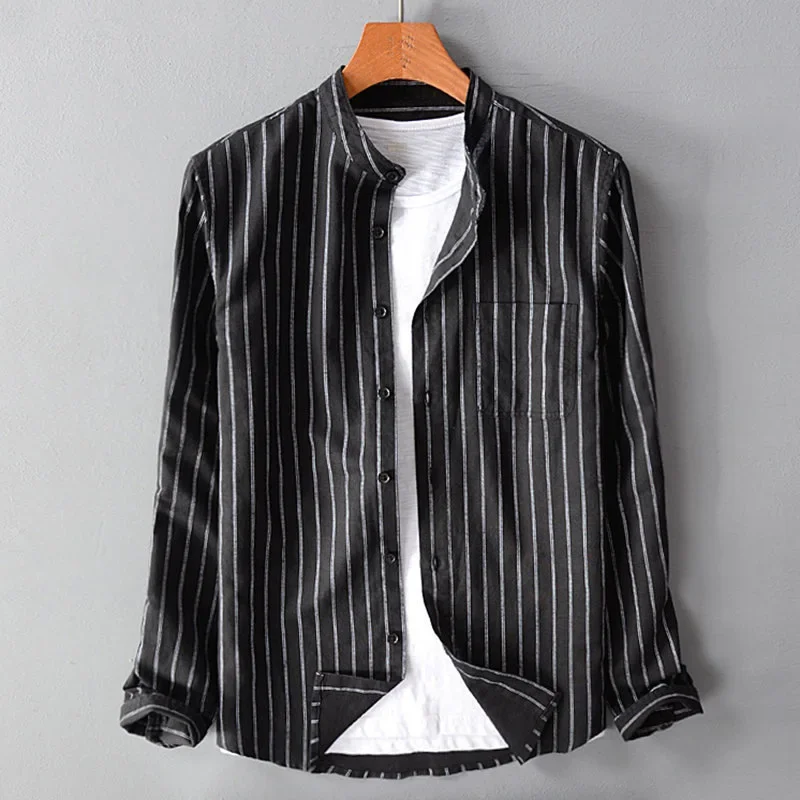 Leo Relaxed Fit Band Collar Shirt | Striped Hip-Length Shirt - Image 3