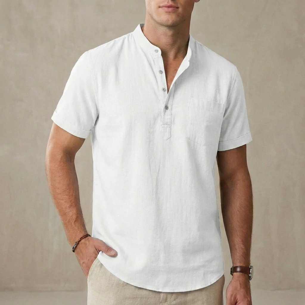 Leo Relaxed Fit Henley Shirt | Band Collar Chest Pocket Shirt - Image 3