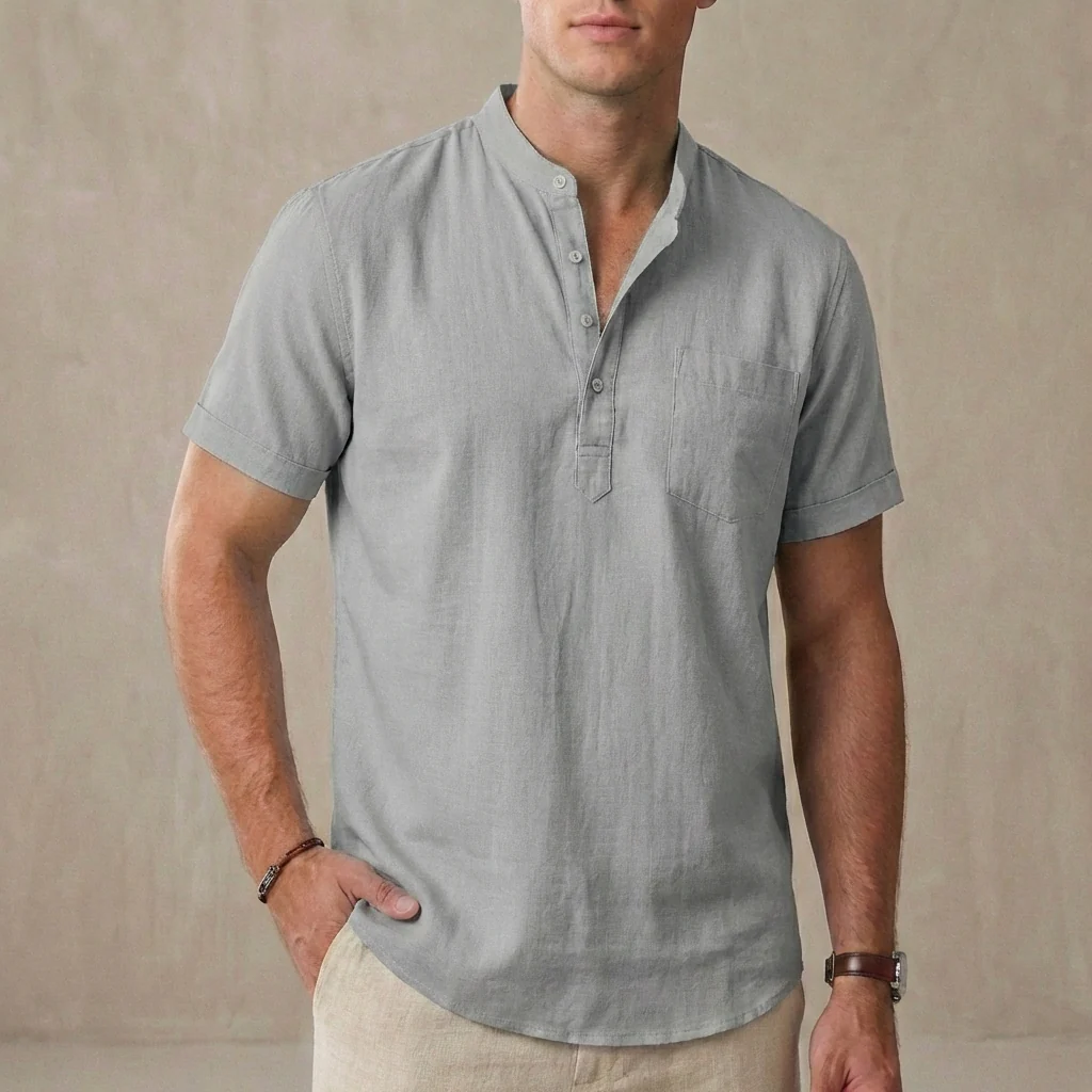 Leo Relaxed Fit Henley Shirt | Band Collar Chest Pocket Shirt - Image 4