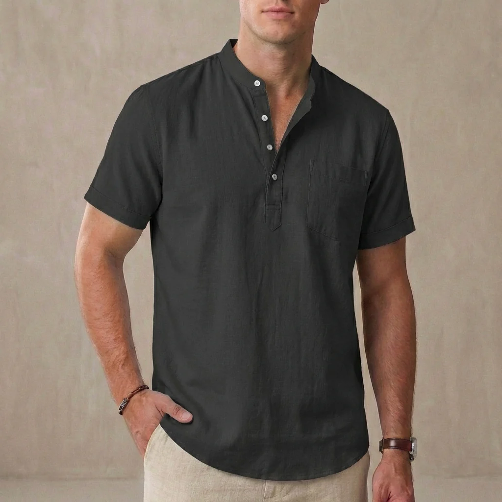 Leo Relaxed Fit Henley Shirt | Band Collar Chest Pocket Shirt - Image 5