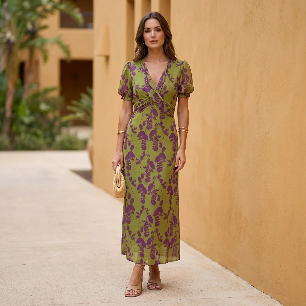 Lily A-Line Maxi Dress | Puff Sleeve V-Neck Dress - Image 2