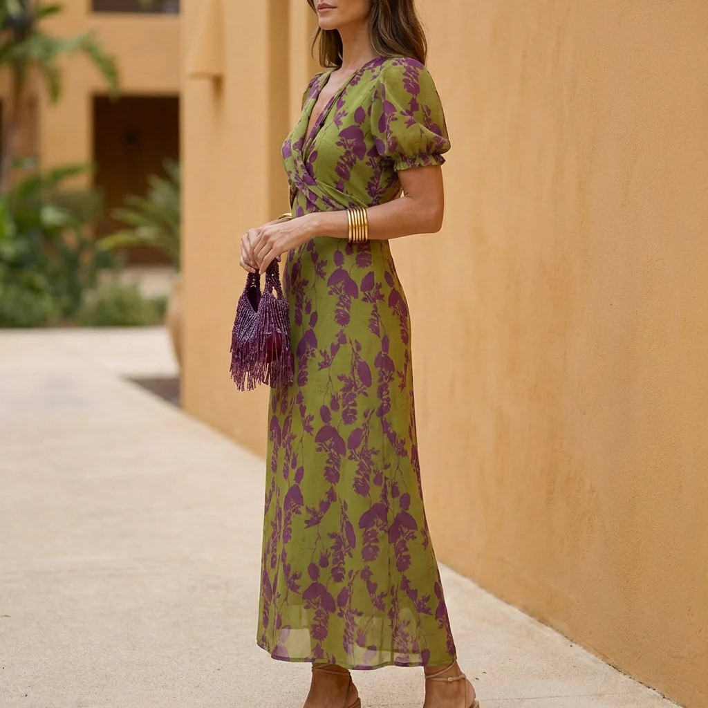 Lily A-Line Maxi Dress | Puff Sleeve V-Neck Dress - Image 3