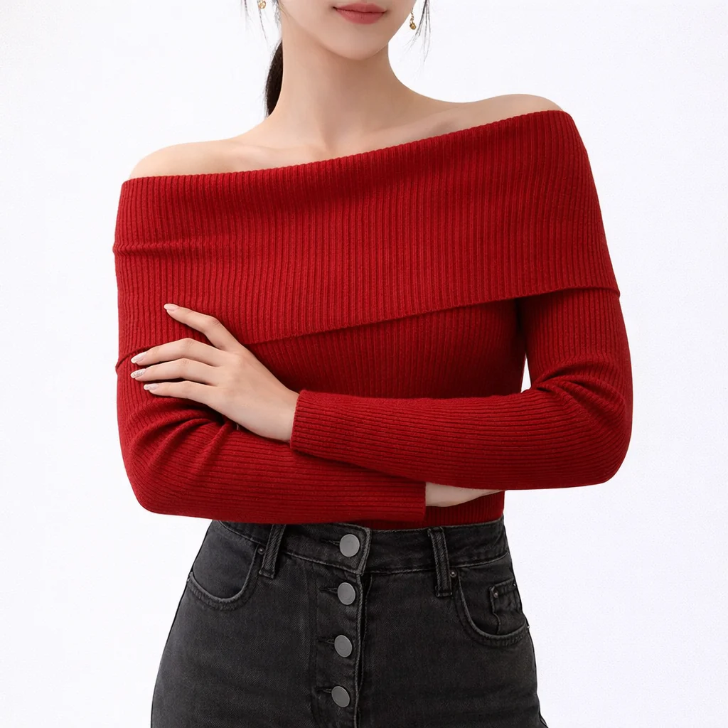 Aria Fitted Ribbed Off-Shoulder Sweater | Solid Long Sleeve Knit
