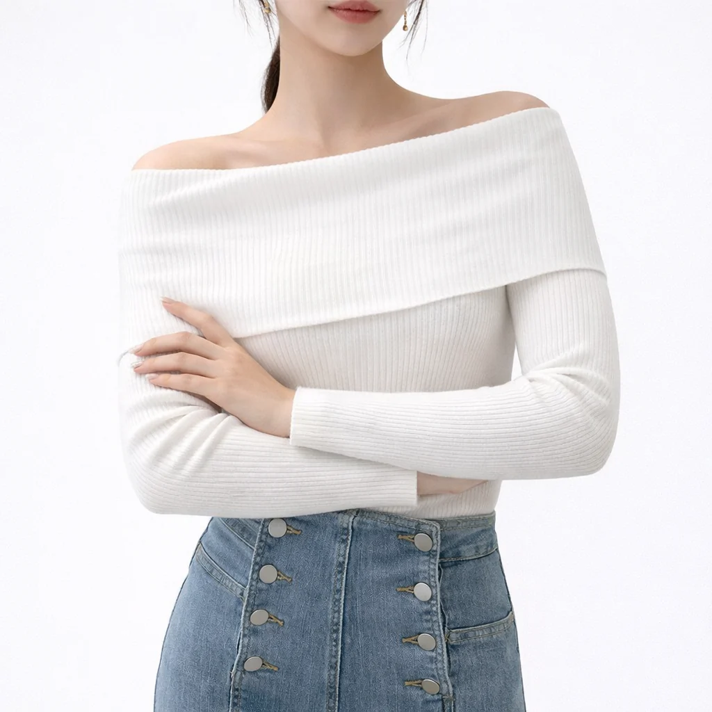 Aria Fitted Ribbed Off-Shoulder Sweater | Solid Long Sleeve Knit - Image 2