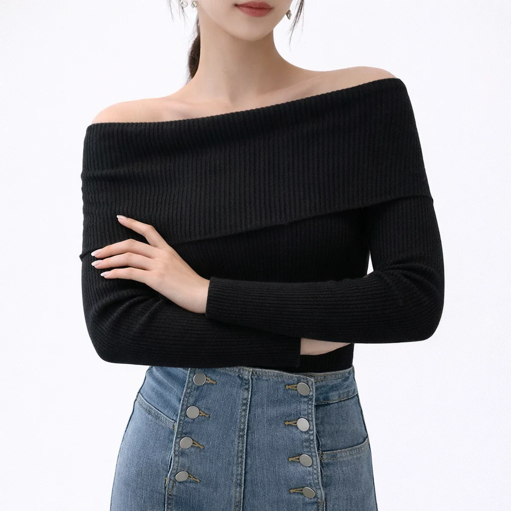 Aria Fitted Ribbed Off-Shoulder Sweater | Solid Long Sleeve Knit - Image 3